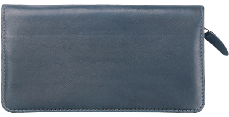 Full-grain black leather cover zips securely around checks and register.