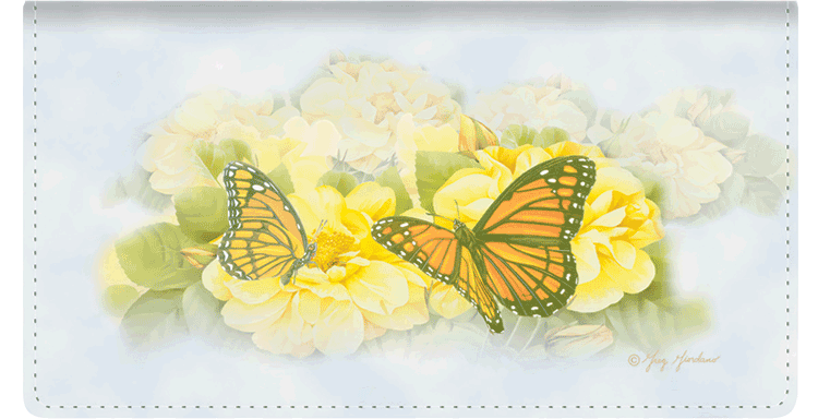 This leather checkbook cover shows two lovely monarch butterflies in nature while providing quality and protection.