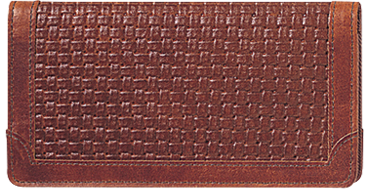 This brown full-grain leather cover has an impressed woven-look panel thats framed with matching leather trim.