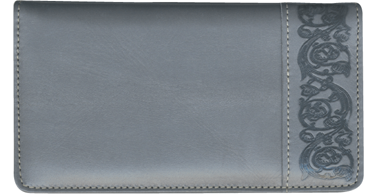This gray leather checkbook cover accommodates both single and duplicate checks.