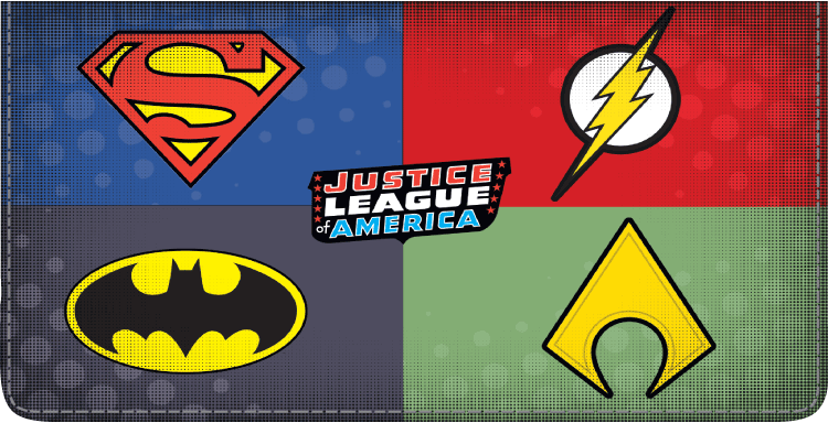 Youll instantly recognize this checkbook cover when you see the Batman, Aquaman, Superman and Flash logos that make up the superhero group Justice League.