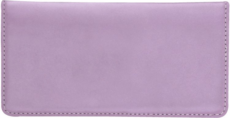 Lilac soft brushed nubuck leather checkbook cover with coordinating lilac moire lining, accommodates both one-part and duplicate checks.