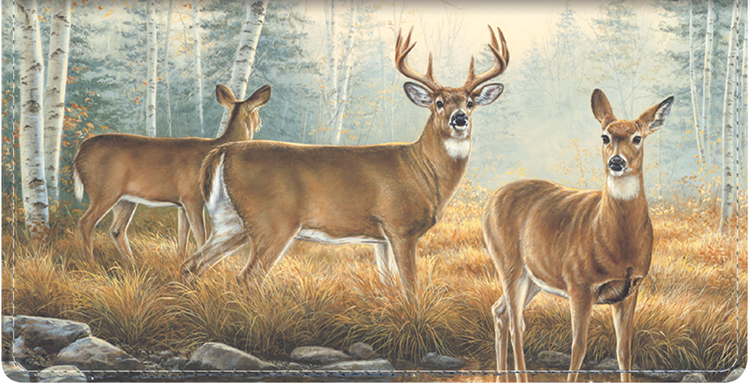 A beautiful still of deer in their surroundings by artist Rosemary Milette represents the work of the National Wildlife Federation while protecting your checks from everyday use.