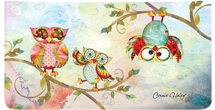 This checkbook cover is a hoot! This cover features whimsical owls, illustrated by Connie Haley. Coordinating return address labels and checks are available.