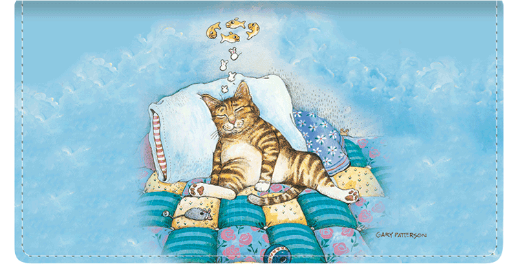 Stay organized and protect your checks from everyday use with this design featuring a cat dreaming of their desires.