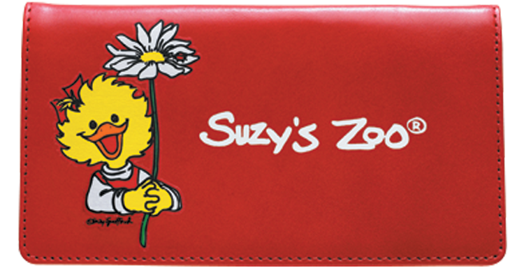 The whimsical full-color image of Suzy Ducken is featured on the front of this red leather checkbook cover.