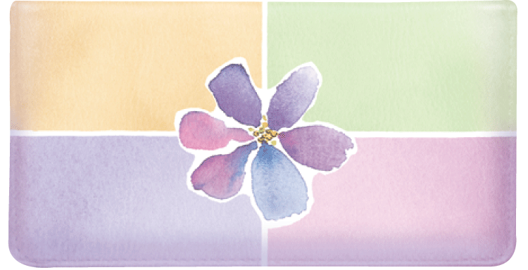 A brightly painted violet is centered on four watercolor blocks on this leather checkbook cover by artist Kathy Davis. Includes a converter to fit your side tear checks.