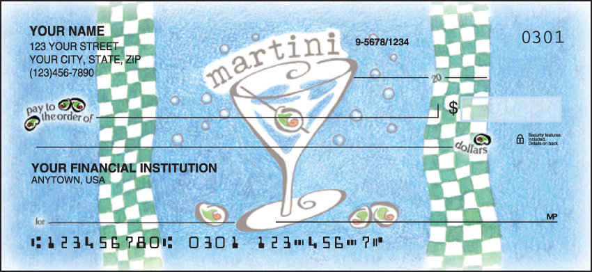 Enjoy an Appletini Lemon Drop Cosmopolitan and of course the traditional Martini every time you write a check!  Coordinating address labels are available. We are now offering After Five Checks. Also enjoy a wide selection of more Girly Personal Checks.