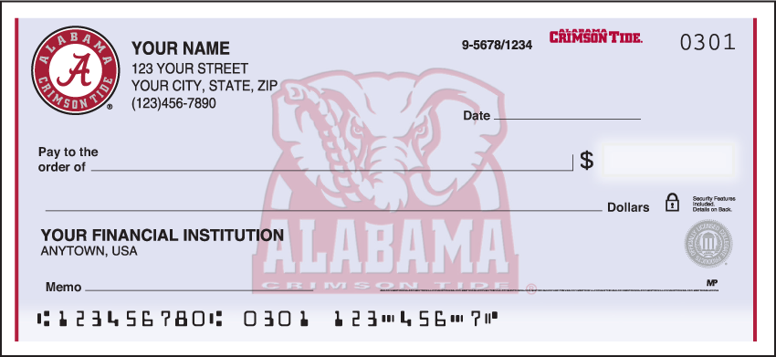 Show your undeniable devotion to the University of Alabama!  Our Alabama Crimson Tide checks will show where your loyalty lies. Coordinating checkbook cover is available. We are now offering Alabama Logo Checks. Also enjoy a wide selection of more Collegiate Personal Checks.