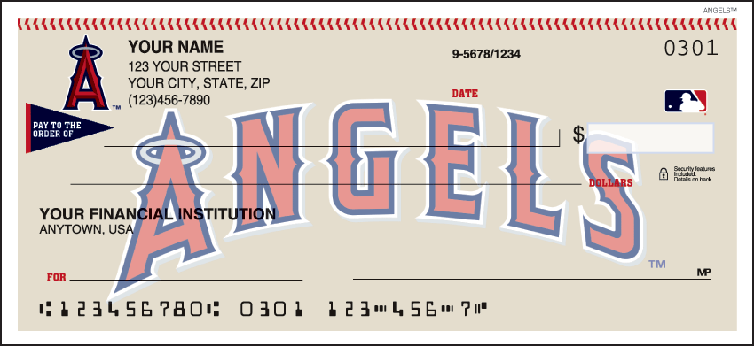 Major League Baseball checks make every day opening day when you use your checkbook and see the logo of the Angels prominently displayed. Available for all 30 teams so order your Major League Baseball checks today! We are now offering Los Angeles Angels of Anaheim Checks. Also enjoy a wide selection of more MLB Personal Checks.