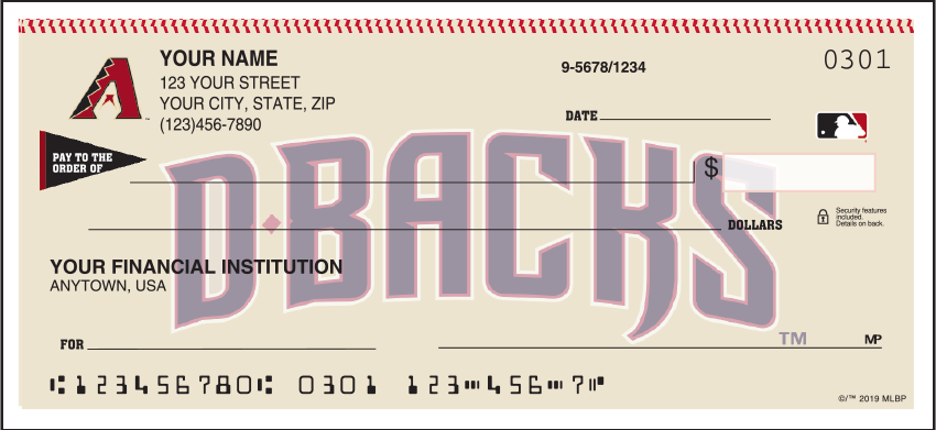 Major League Baseball checks make every day opening day when you use your checkbook and see the logo of the Arizona Diamondbacks prominently displayed. Available for all 30 teams so order your Major League Baseball checks today! We are now offering Arizona Diamonbacks Checks. Also enjoy a wide selection of more MLB Personal Checks.