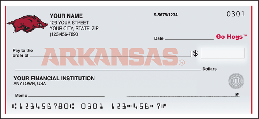 Show your undeniable devotion to the University of Arkansas!  Our Arkansas Razorback checks will show where your loyalty lies. Coordinating checkbook cover is available. We are now offering Arkansas Logo Checks. Also enjoy a wide selection of more Collegiate Personal Checks.