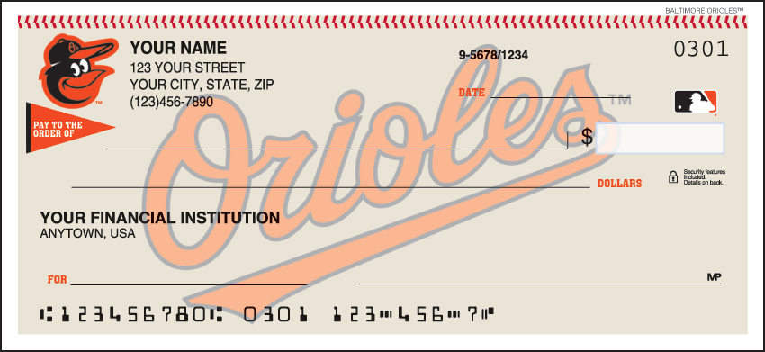 Baltimore Orioles MLB Personal Checks 1 Box Singles