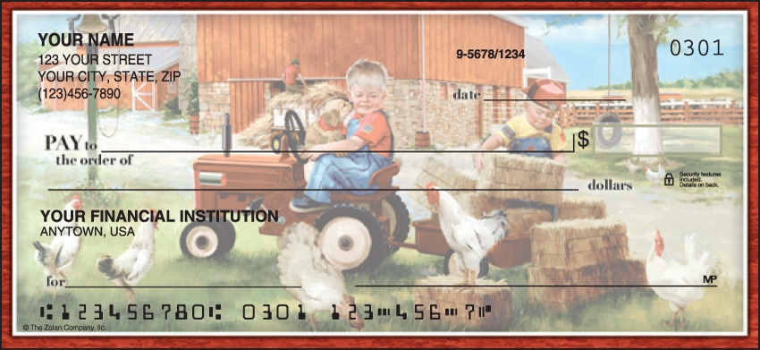 These beautifully illustrated checks feature children animal friends tractors and life on the farm. Coordinating return address labels and checkbook cover are available. We are now offering Barnyard Buddies Checks. Also enjoy a wide selection of more Animal Personal Checks.