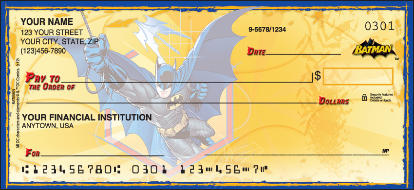 Get your superhero fix with these checks featuring the Caped Crusader in action. Batman confronts an evil villain and battles for justice in four action-inspired designs. Coordinating address labels and checkbook cover are available. We are now offering Batman Checks. Also enjoy a wide selection of more Comic Personal Checks.