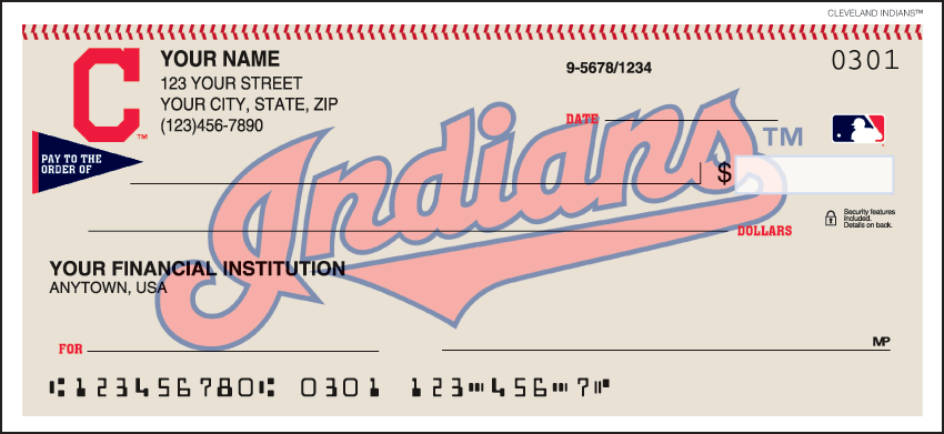 Major League Baseball checks make every day opening day when you use your checkbook and see the logo of the Cleveland Indiansprominently displayed. Available for all 30 teams so order your Major League Baseball checks today! We are now offering Cleveland Indians Checks. Also enjoy a wide selection of more MLB Personal Checks.