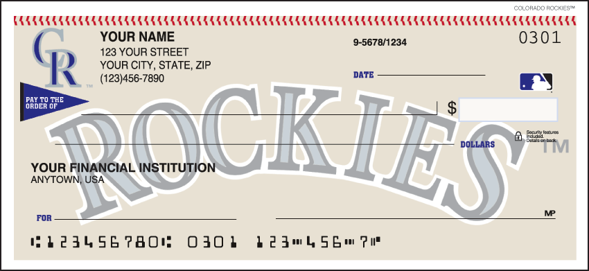 Major League Baseball checks make every day opening day when you use your checkbook and see the logo of the Colorado Rockies prominently displayed. Available for all 30 teams so order your Major League Baseball checks today! We are now offering Colorado Rockies Checks. Also enjoy a wide selection of more MLB Personal Checks.