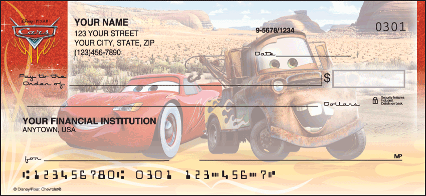 The Disney Pixar Cars from Radiator Springs are the stars of these checks.  Coordinating address labels and checkbook cover available. We are now offering Disney Cars Checks. Also enjoy a wide selection of more Disney Personal Checks.