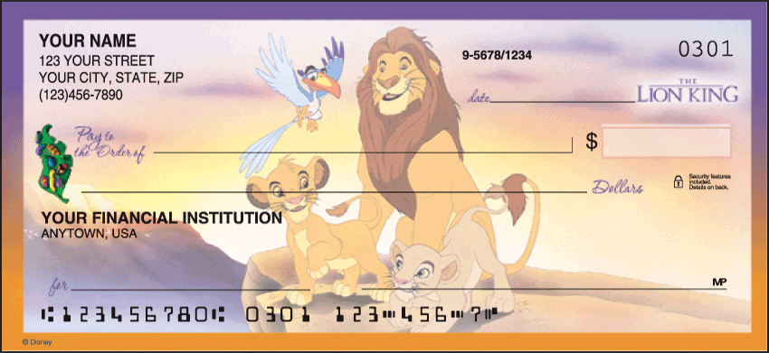 These Disney checks share colorful scenes of cherished characters from The Little Mermaid Aladdin Beauty and the Beast The Lion King and Lilo and Stitch. Share your love for these film favorites when you order this design series. Add coordinating Disney return address labels and a Disney checkbook cover for a matching set. We are now offering Disney Classics Series II Checks. Also enjoy a wide selection of more Disney Personal Checks.