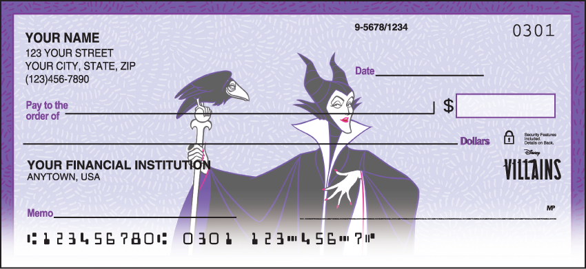 These checks depict notorious characters that are up to no good! The eight-scene series features some of the most fearful Disney villains of all time: The Evil Queen Ursula Captain Hook Cruella De Vil Mother Gothel Scar Jafar and Maleficent. Coordinating return address labels and checkbook cover are available. We are now offering Disney Villains Checks. Also enjoy a wide selection of more Disney Personal Checks.