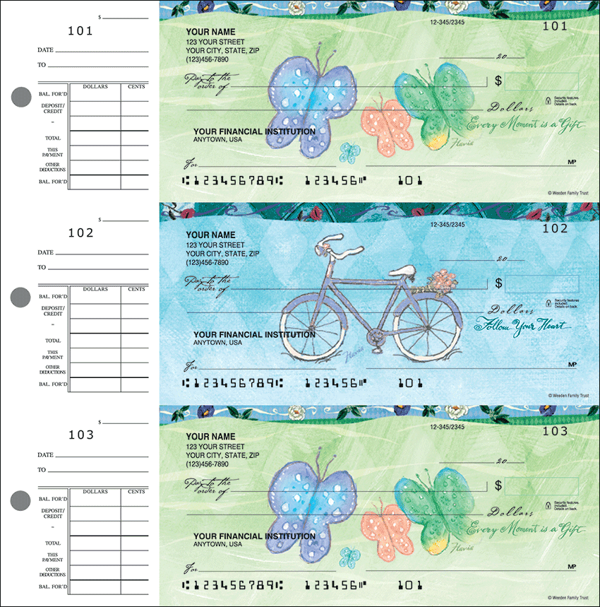 Desk Set Checks are ideal for anyone who wants the convenience of 3-on-a-page checks plus attached stubs for record-keeping. Each individual wallet-sized check is 6" x 2-3/4".  Overall sheet size is 8-1/8" x 8-1/4". We are now offering Flavia Celebrations of Life Desk Set Checks. Also enjoy a wide selection of more Desk Set Artistic Personal Checks.