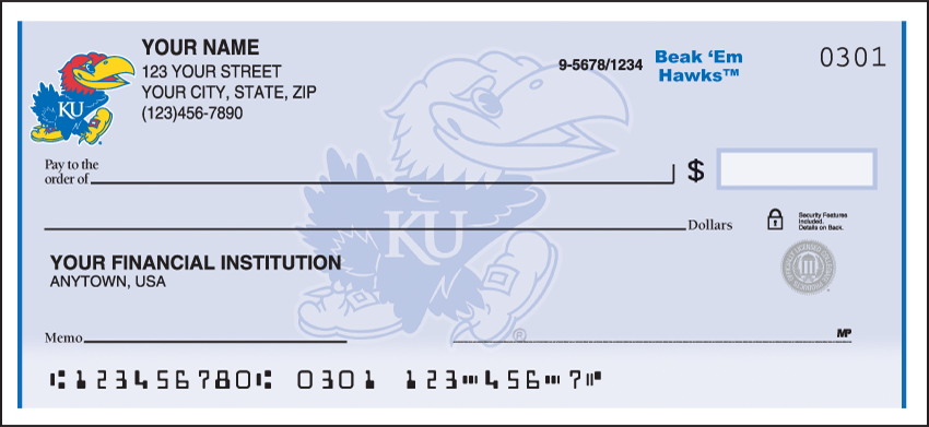 Show your undeniable devotion to Kansas Jayhawks!  Our The University of Kansas checks will show where your loyalty lies. Coordinating checkbook cover is available. We are now offering Kansas Logo Checks. Also enjoy a wide selection of more Collegiate Personal Checks.