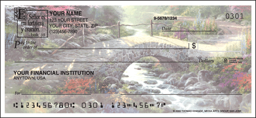 Now available with the convenience of side tear! Personal Check Images from the paintings of Thomas Kinkades English countrysides are featured on these checks. This customer favorite is available with the Spanish translation of the Bible verse.  Coordinating labels and checkbook cover are available. We are now offering Side Tear - Serenity Spanish Checks. Also enjoy a wide selection of more Side Tear Religious Personal Checks.