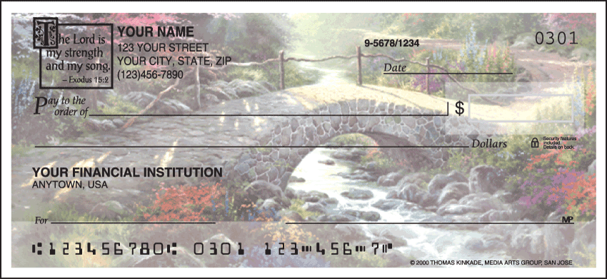 Now available with the convenience of side tear! Personal Check Images from the paintings of Thomas Kinkades English countrysides are featured on these checks.  This customer favorite is available with the Bible verse "The Lord is my strength and my song."  Coordinating address labels and checkbook cover are available. We are now offering Side Tear - Serenity w/verse Checks. Also enjoy a wide selection of more Side Tear Religious Personal Checks.