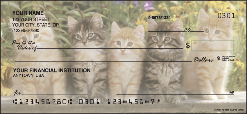 These full-color photographs capture kittens in a variety of p-u-r-r-fect settings for your checks.  Coordinating address labels are available. We are now offering Kitty Review Checks. Also enjoy a wide selection of more Animal Personal Checks.