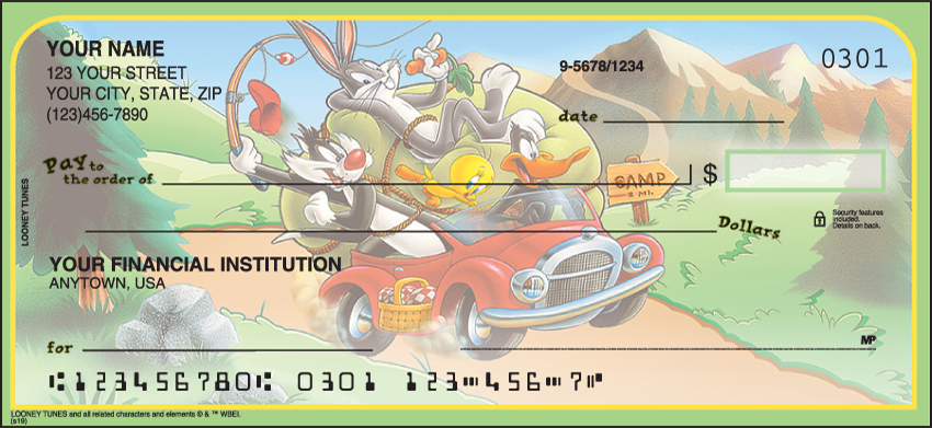 These Looney Tunes checks have been specially designed with 8 rotating scenes to capture all your favorite Looney Tunes characters in fun and playful scenes. Bugs Bunny Sylvester Taz Tweety and more bring these Looney Tunes checks to life.  Coordinating return address labels and checkbook cover are available. We are now offering Looney Tunes Checks. Also enjoy a wide selection of more Cartoon Personal Checks.