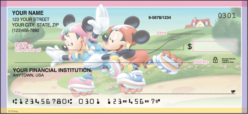 These specially designed 8 rotation checks allow you to join in the fun with Mickey Mouse and his pals at the country fair and in the surf at the sandy beach. Coordinating return address labels and checkbook cover are available. We are now offering Mickey