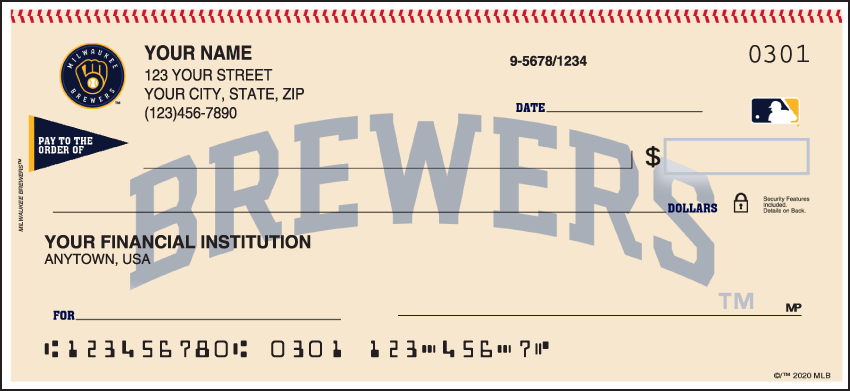 Major League Baseball checks make every day opening day when you use your checkbook and see the logo of the Milwaukee Brewers prominently displayed. Available for all 30 teams so order your Major League Baseball checks today! We are now offering Milwaukee Brewers Checks. Also enjoy a wide selection of more Sports Personal Checks.