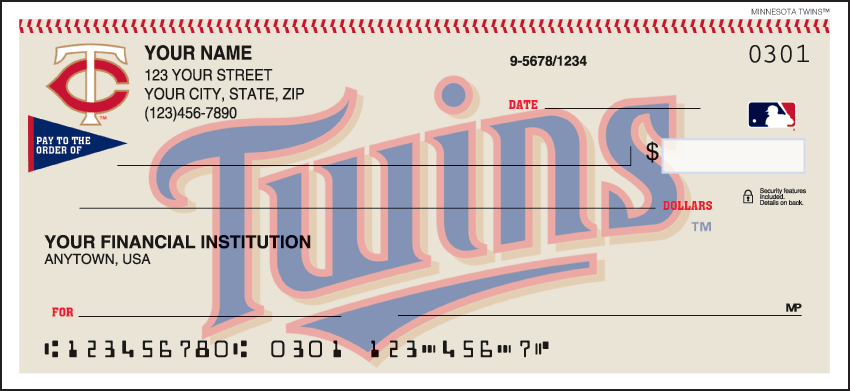 Major League Baseball checks make every day opening day when you use your checkbook and see the logo of the Minnesota Twins prominently displayed. Available for all 30 teams so order your Major League Baseball checks today! We are now offering Minnesota Twins Checks. Also enjoy a wide selection of more MLB Personal Checks.