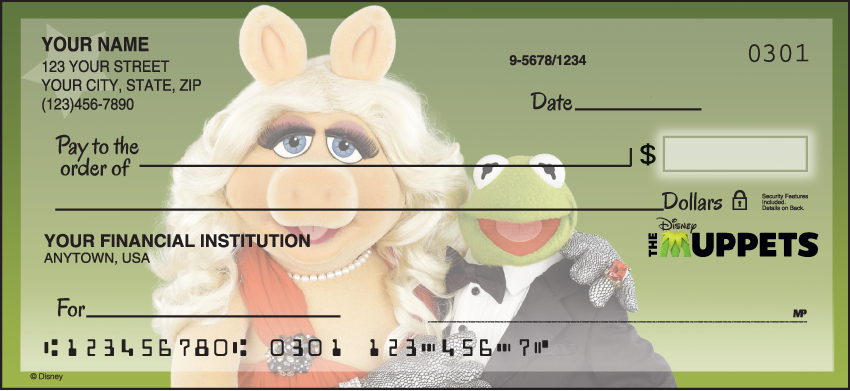 Its time to raise the curtain on Disneys The Muppets checks! For nearly 40 years Kermit Miss Piggy Fozzie Bear Animal and more of your Muppet favorites have shared their zaniness with generations of fans. Order your most sensational inspirational celebrational Muppetational personal checks address labels and checkbook cover today! We are now offering The Muppets Checks. Also enjoy a wide selection of more Disney Personal Checks.