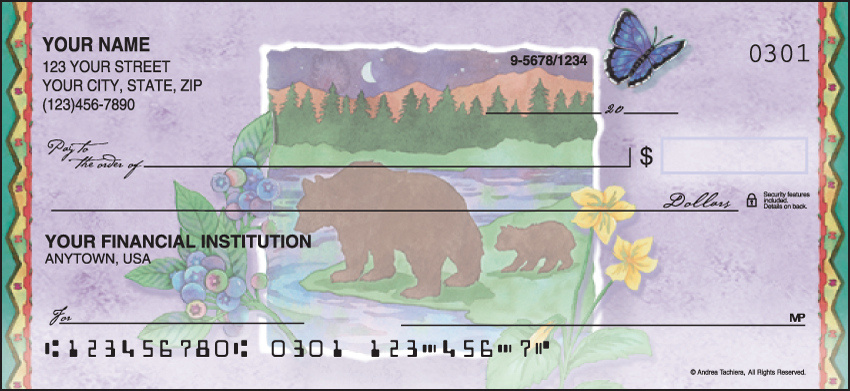 Enjoy a retreat to the woods every time you write a check when you choose this 4-rotation design featuring tranquil water-front scenes by artist Andrea Tachiera. Coordinating address labels are available. We are now offering Northwoods Checks. Also enjoy a wide selection of more Scenic Personal Checks.