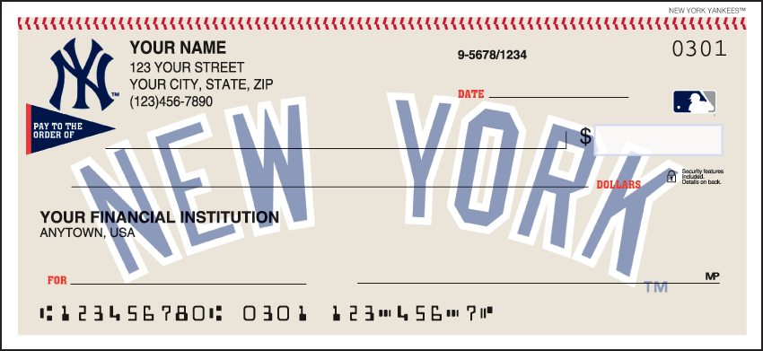 Major League Baseball checks make every day opening day when you use your checkbook and see the logo of the New York Yankees prominently displayed. Available for all 30 teams so order your Major League Baseball checks today! We are now offering New York Yankees Checks. Also enjoy a wide selection of more MLB Personal Checks.