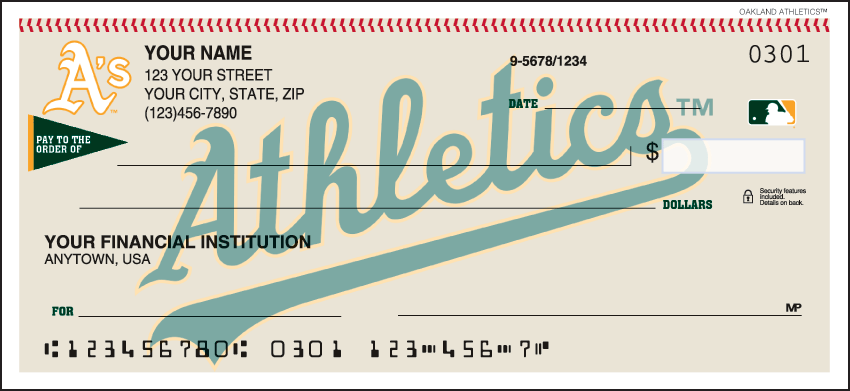 Major League Baseball checks make every day opening day when you use your checkbook and see the logo of the Oakland Athletics prominently displayed. Available for all 30 teams so order your Major League Baseball checks today! We are now offering Oakland Athletics Checks. Also enjoy a wide selection of more MLB Personal Checks.