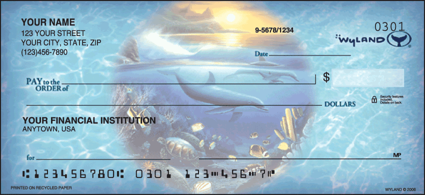 Explore the depths of the ocean with dolphins orcas sea turtles and whales by Wyland. Coordinating return address labels and checkbook cover available. We are now offering Ocean World by Wyland Checks. Also enjoy a wide selection of more Scenic Personal Checks.