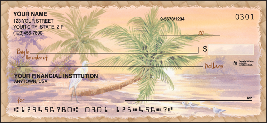 Relax in the tropical setting of these palm tree checks. Coordinating address labels are available. We are now offering Palm Trees Checks. Also enjoy a wide selection of more Scenic Personal Checks.