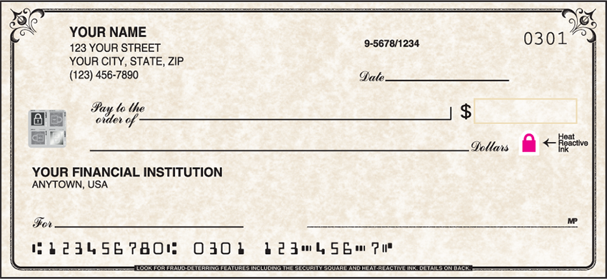 Simple traditional and secure just the way your checks should be. This option incorporates a hologram on your checks which is a reflective image that cannot be reproduced photocopied or removed. It is also a highly visible indicator that your checks are authentic. We are now offering Securiguard Parchment Checks. Also enjoy a wide selection of more Classic Personal Checks.