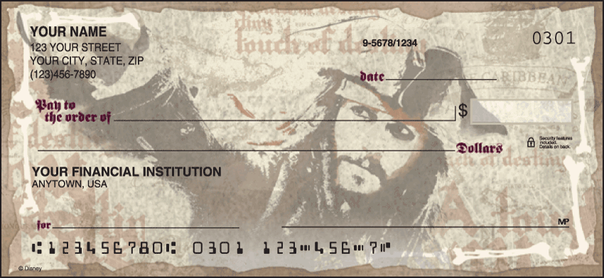 Jack Sparrow skulls and pirate ships highlight these exciting Pirates of the Caribbean checks designed to capture the adventurer in all of us.  Coordinating address labels are available. We are now offering Pirates of the Caribbean Checks. Also enjoy a wide selection of more Disney Personal Checks.