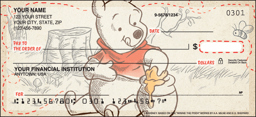 Celebrate the friendships of Disneys Winnie the Pooh with checks featuring Pooh and his treasured companions including Piglet Eeyore and Tigger. Illustrations include scenes from their adventures in the Hundred Acre Wood. Coordinating checkbook cover and address labels are available. We are now offering Disney Pooh & Friends Checks. Also enjoy a wide selection of more Disney Personal Checks.