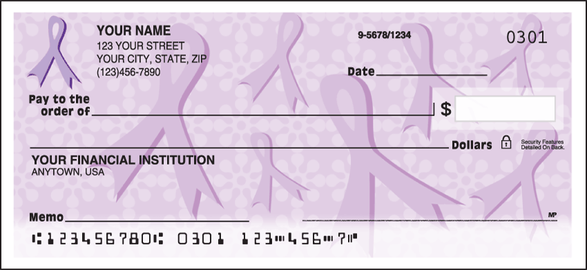 Show you care about a cause with Purple Ribbons of Support while spreading awareness. You can also customize this design with a special message printed over the signature line. We are now offering Purple Ribbons of Support Checks. Also enjoy a wide selection of more Charitable Personal Checks.