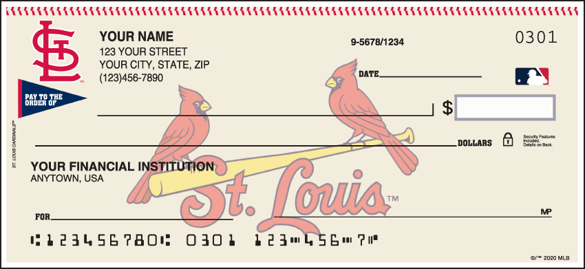 Major League Baseball checks make every day opening day when you use your checkbook and see the logo of the St. Louis Cardinals prominently displayed. Available for all 30 teams so order your Major League Baseball checks today! We are now offering St. Louis Cardinals Checks. Also enjoy a wide selection of more MLB Personal Checks.