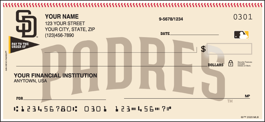 Major League Baseball checks make every day opening day when you use your checkbook and see the logo of the San Diego Padres prominently displayed. Available for all 30 teams so order your Major League Baseball checks today! We are now offering San Diego Padres Checks. Also enjoy a wide selection of more Sports Personal Checks.