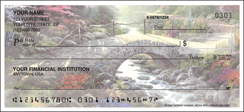 Now available with the convenience of side tear! Personal Check Images from the paintings of Thomas Kinkades English countrysides are featured on these checks. Coordinating address labels and cover too! We are now offering Side Tear Serenity by Thomas Kinkade Checks. Also enjoy a wide selection of more Side Tear Religious Personal Checks.