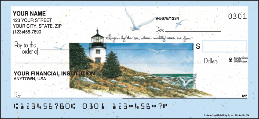 Four illustrated lighthouses with thoughtful verses  by artist D. Morgan are featured on these checks. Coordinating address labels are available. We are now offering Song of the Sea Checks. Also enjoy a wide selection of more Scenic Personal Checks.