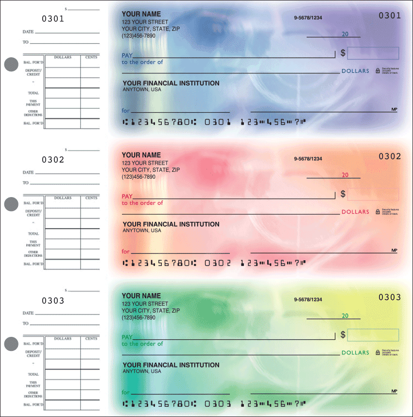 Desk Set Checks are ideal for anyone who wants the convenience of 3-on-a-page checks plus attached stubs for record-keeping. Each individual wallet-sized check is 6" x 2-3/4".  Overall sheet size is 8-1/8" x 8-1/4". We are now offering Spectrum Desk Set Checks. Also enjoy a wide selection of more Desk Set Classic Personal Checks.