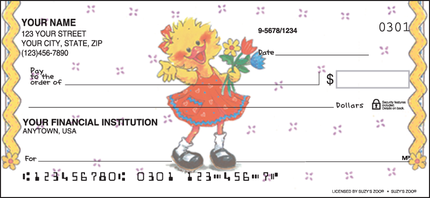 Youll delight to the whimsy of Suzy Ducken Polly Quacker Herkimer and Ollie Marmot. Theyre captured on white backgrounds with coordinating side-borders and background Personal Check Images. Coordinating address labels and checkbook cover are available. We are now offering Suzys Zoo Checks. Also enjoy a wide selection of more Animal Personal Checks.