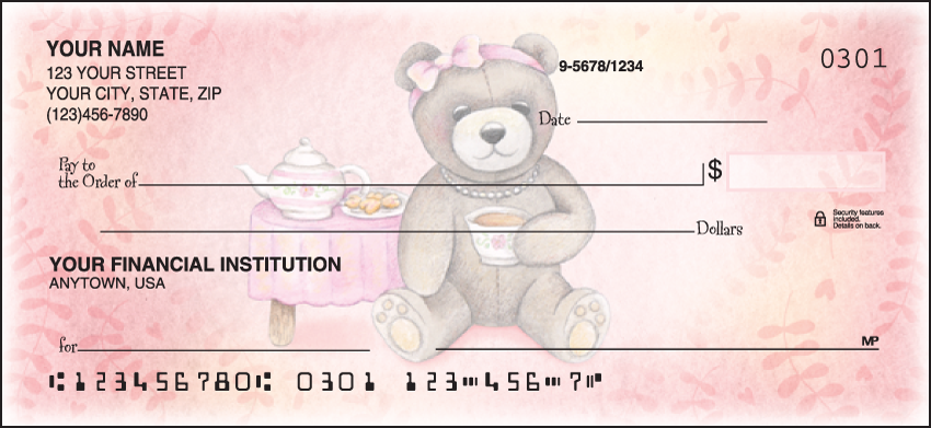 These cute and cuddly teddy bear designs illustrate themes of friendship and kindness. Coordinating return address labels are available. We are now offering Teddy Bears Checks. Also enjoy a wide selection of more Animal Personal Checks.